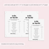 Printable Ever or Never Birthday Party Game for Birthday Girl
