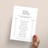 Couples Shower Ever or Never Game Printable