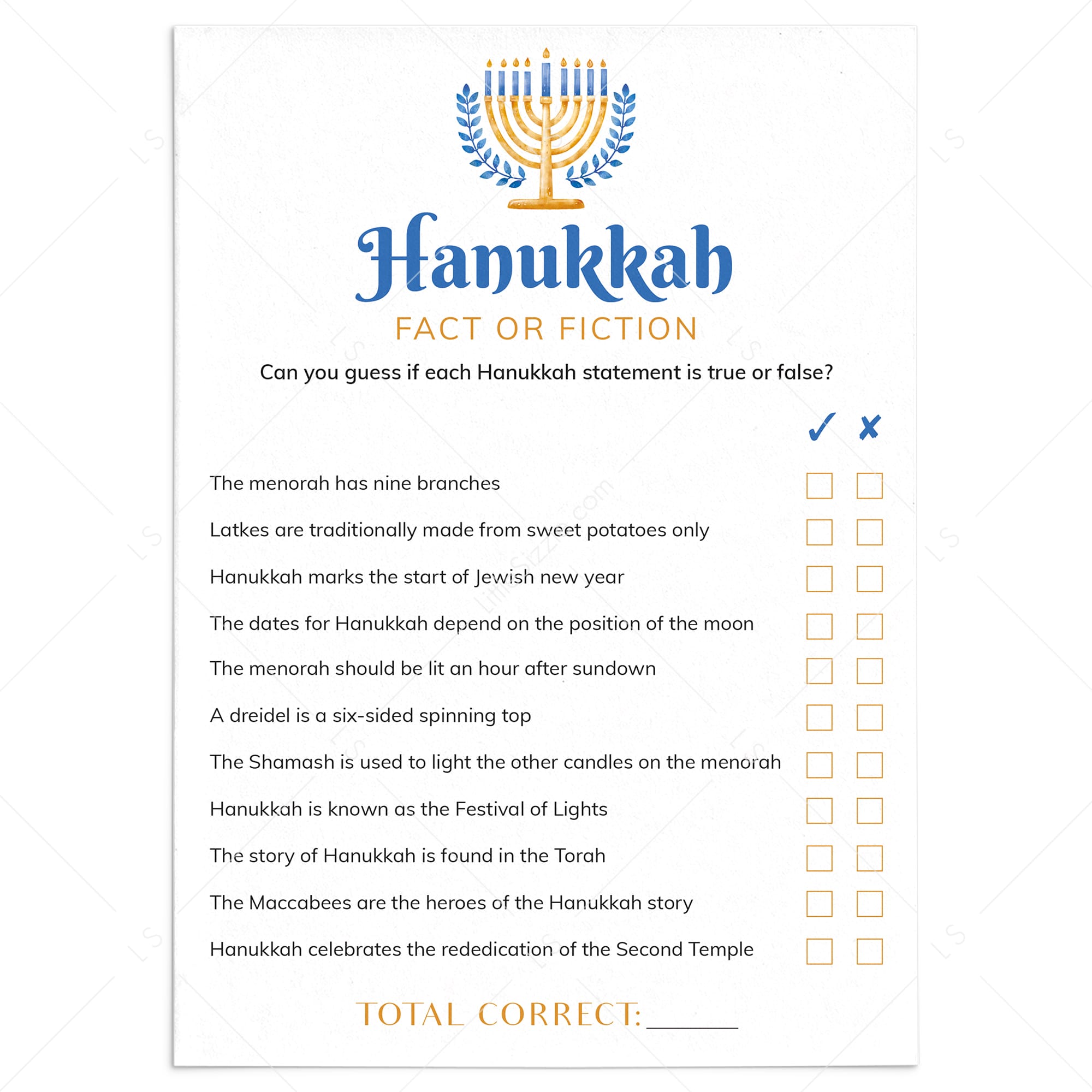 Hanukkah True or False Game with Answers Printable by LittleSizzle