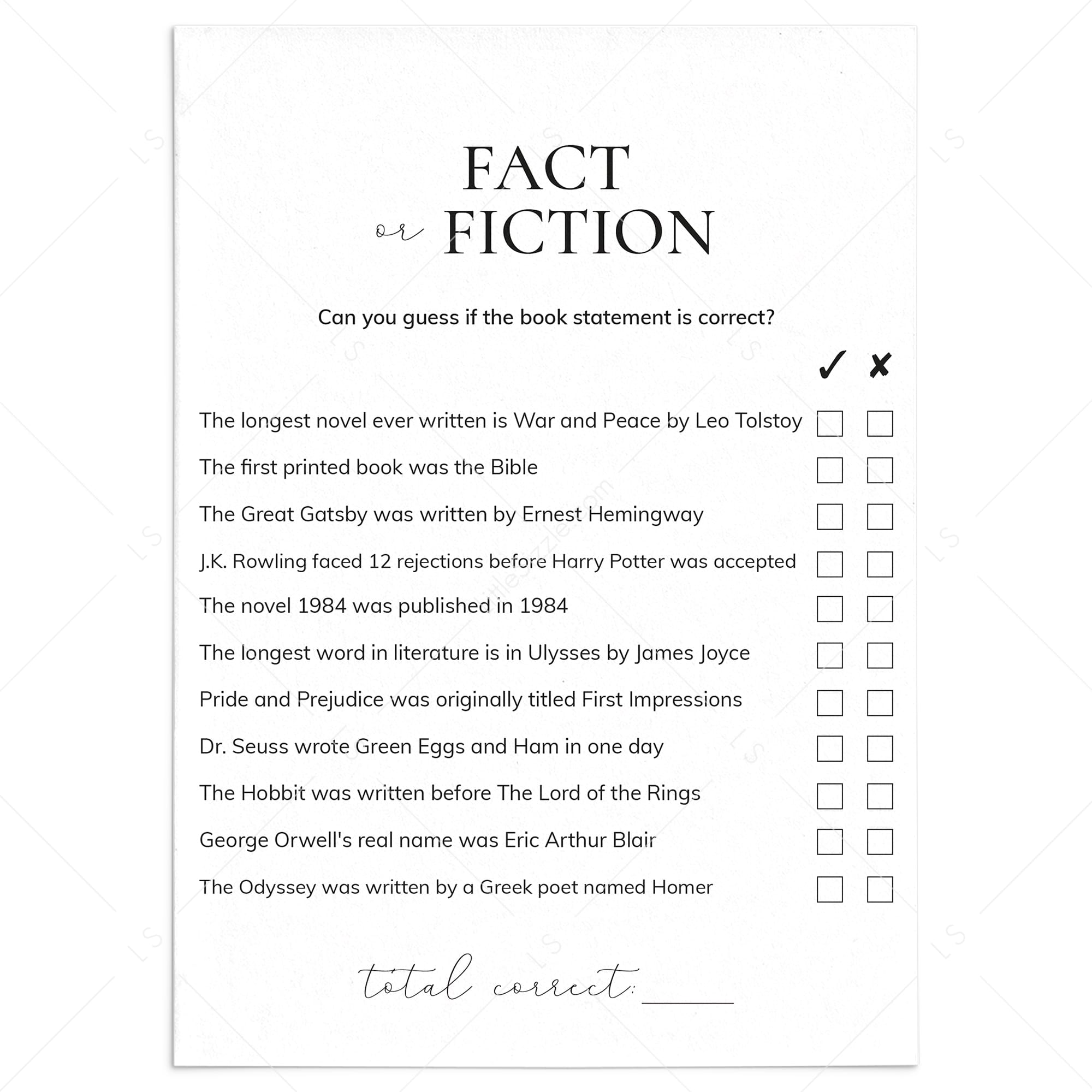 Book Club Game Fact or Fiction with Answers Printable by LittleSizzle