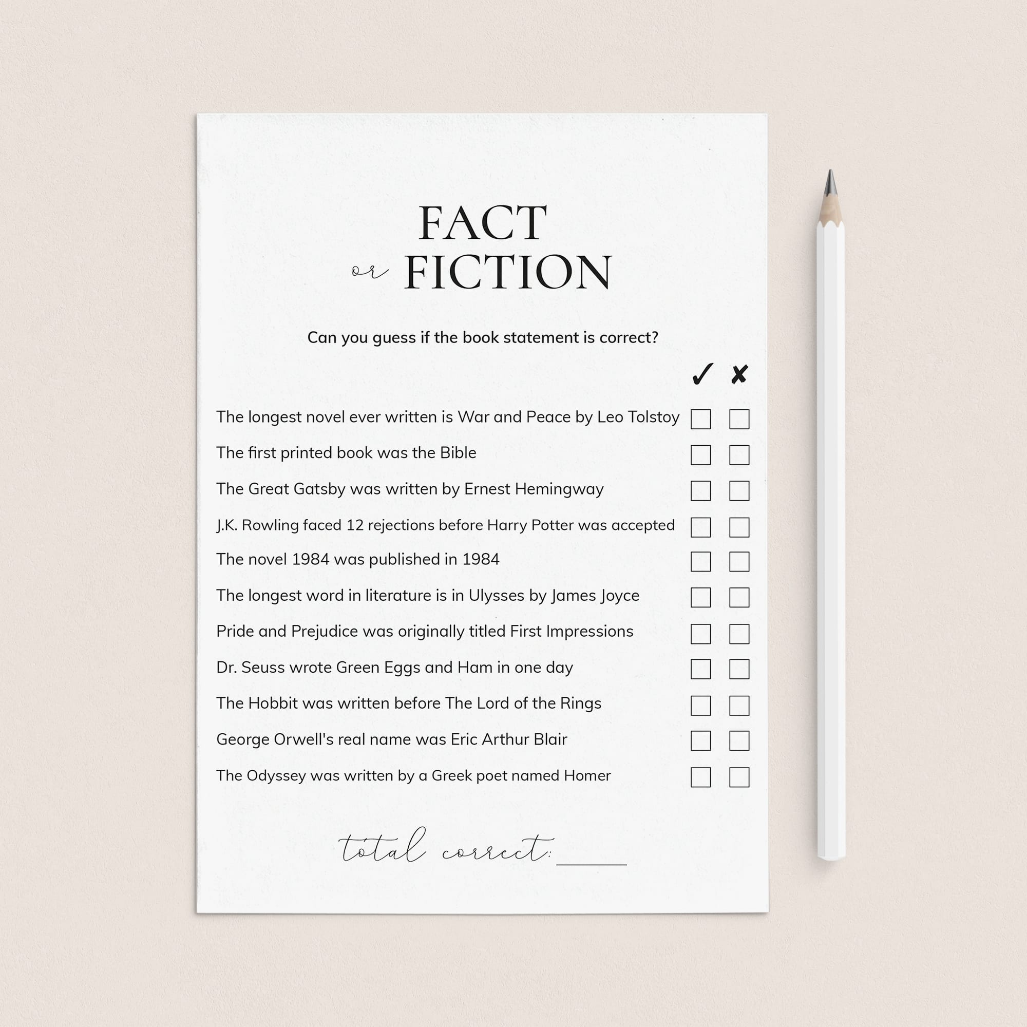 Book Club Game Fact or Fiction with Answers Printable by LittleSizzle