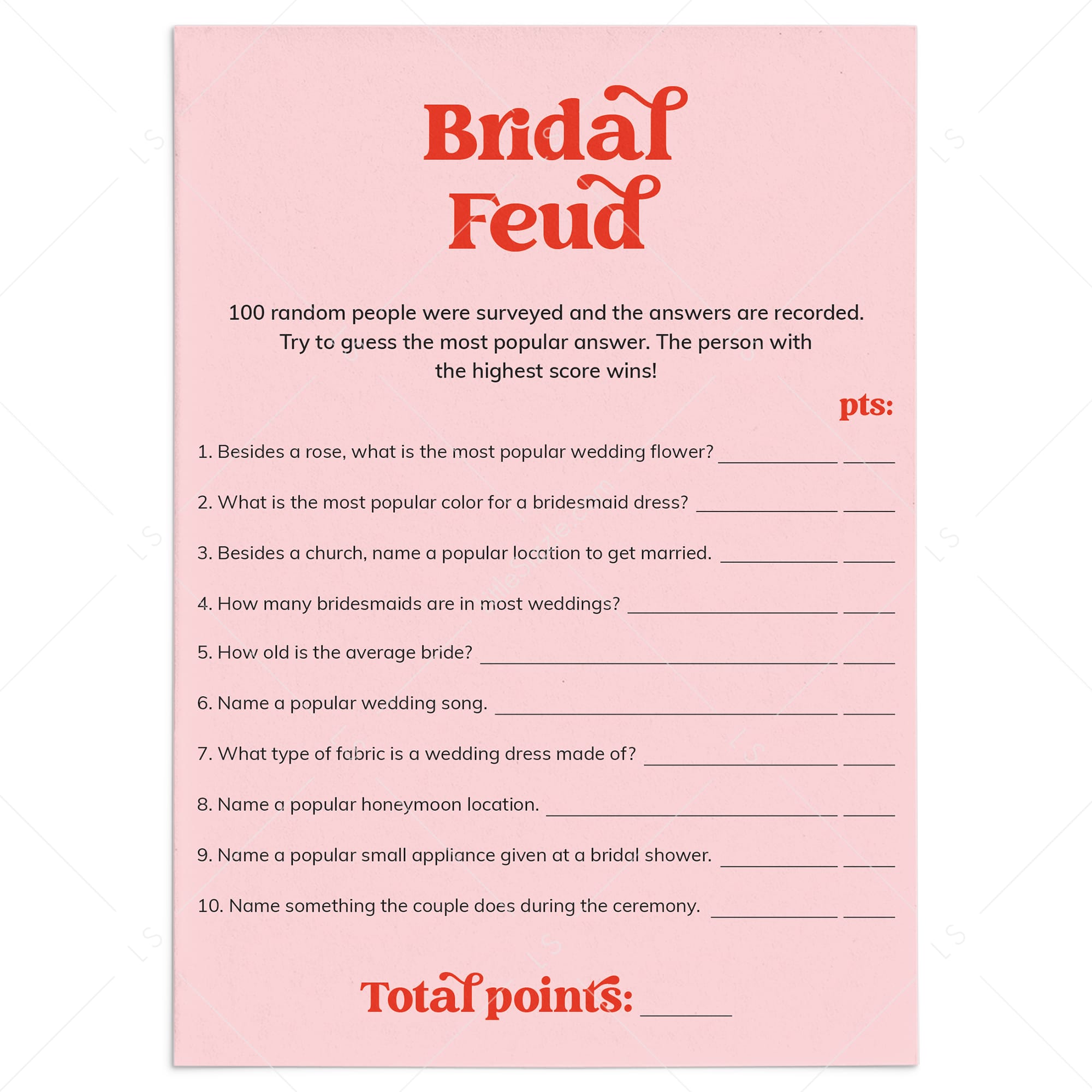 Bridal Family Feud Questions and Answers Printable Pink and Red by LittleSizzle