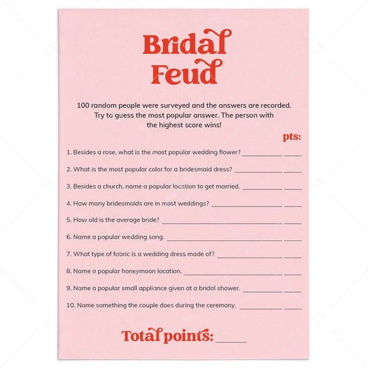Bridal Family Feud Questions and Answers Printable Pink and Red by LittleSizzle