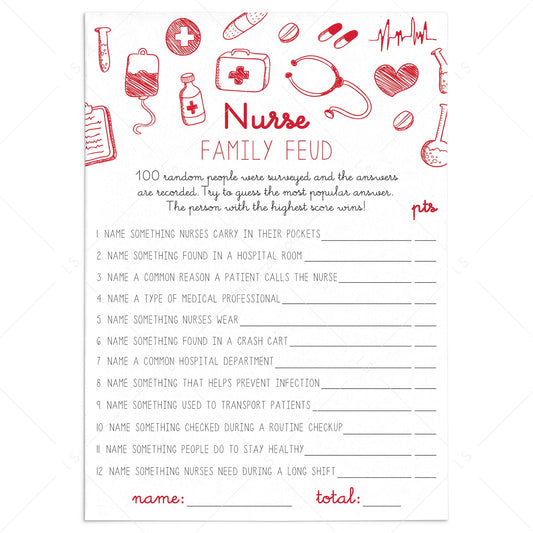 Nursing Feud Questions and Answers Printable by LittleSizzle