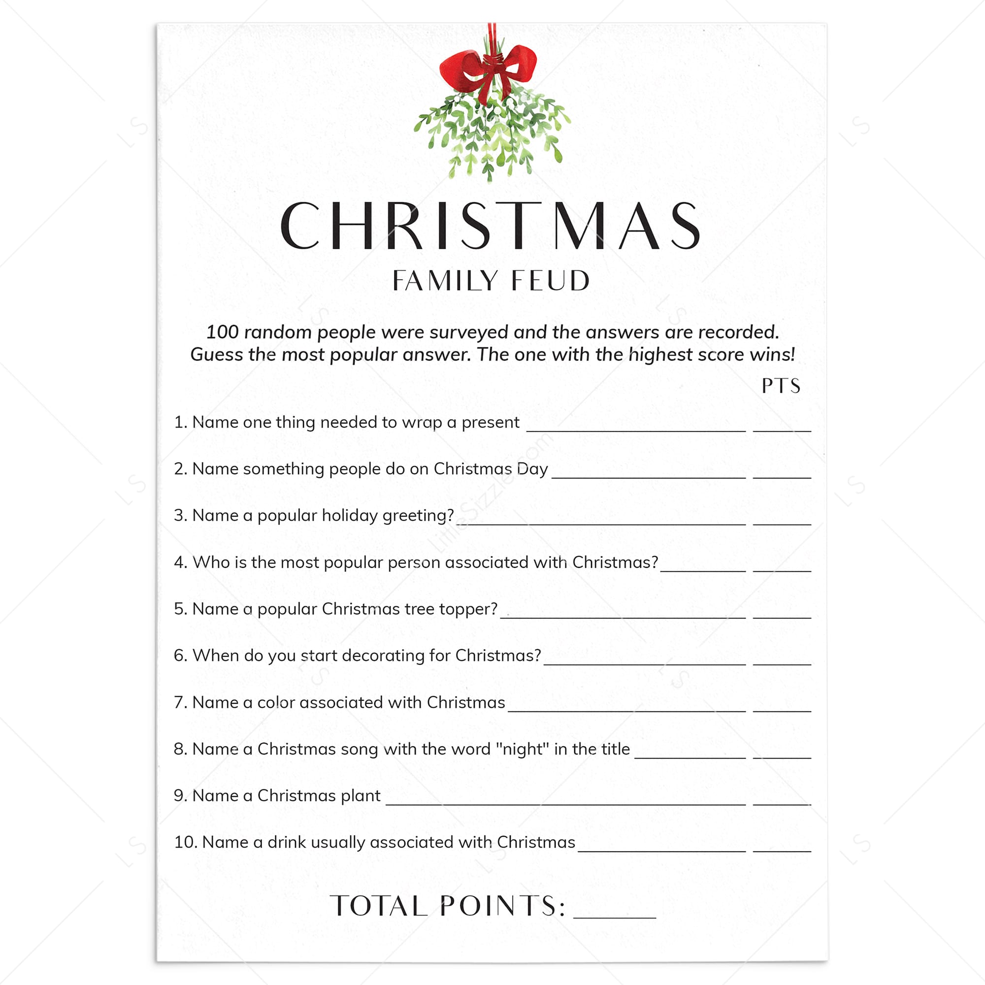 Fun Christmas Family Feud Questions and Answers Printable by LittleSizzle