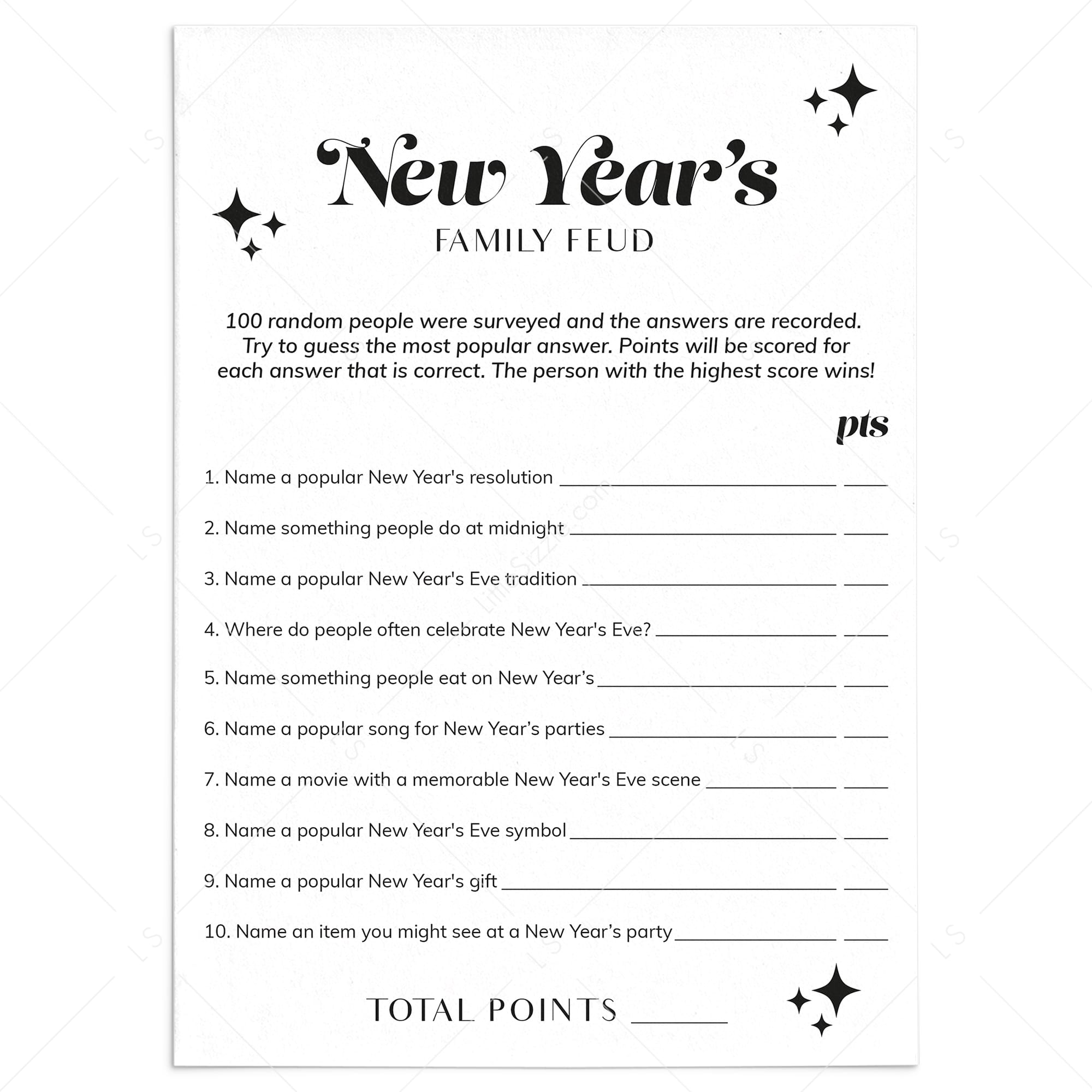 Family Feud New Years Party Game Printable Questions and Answers