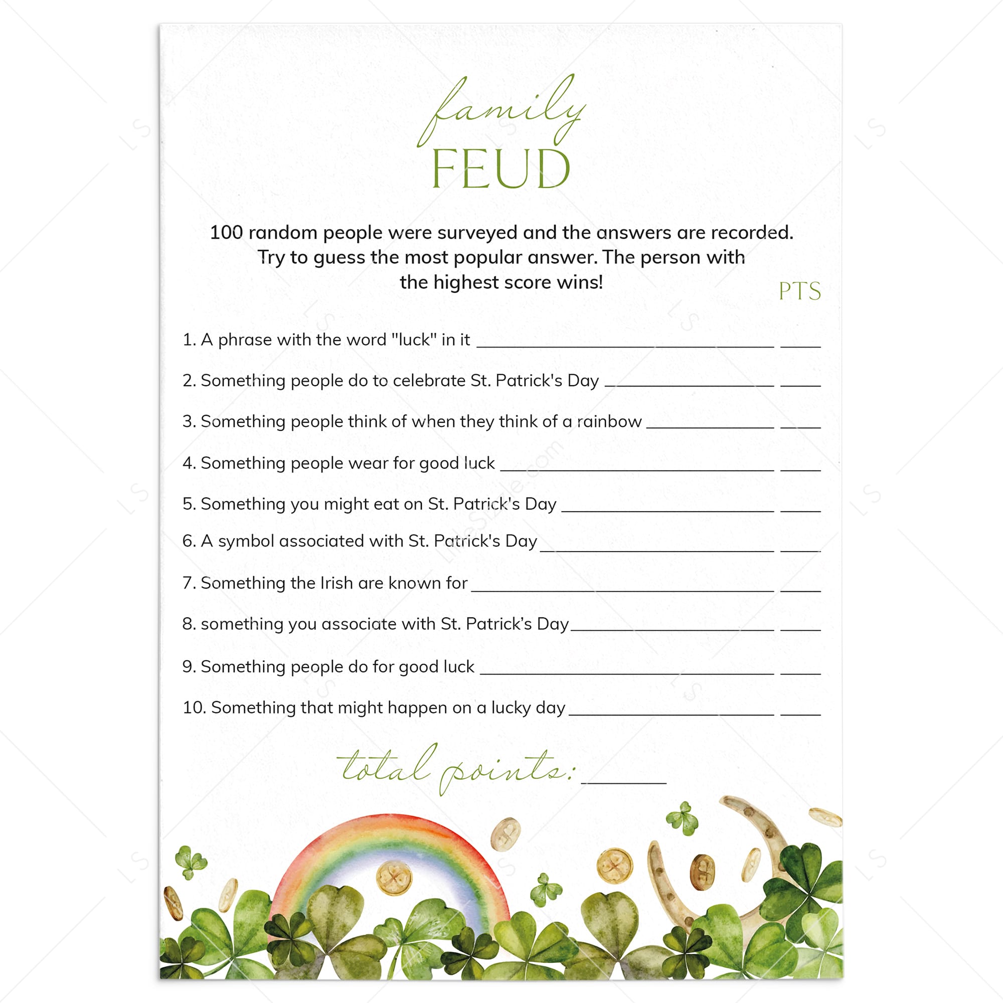 St Patricks Family Feud Game Printable by LittleSizzle