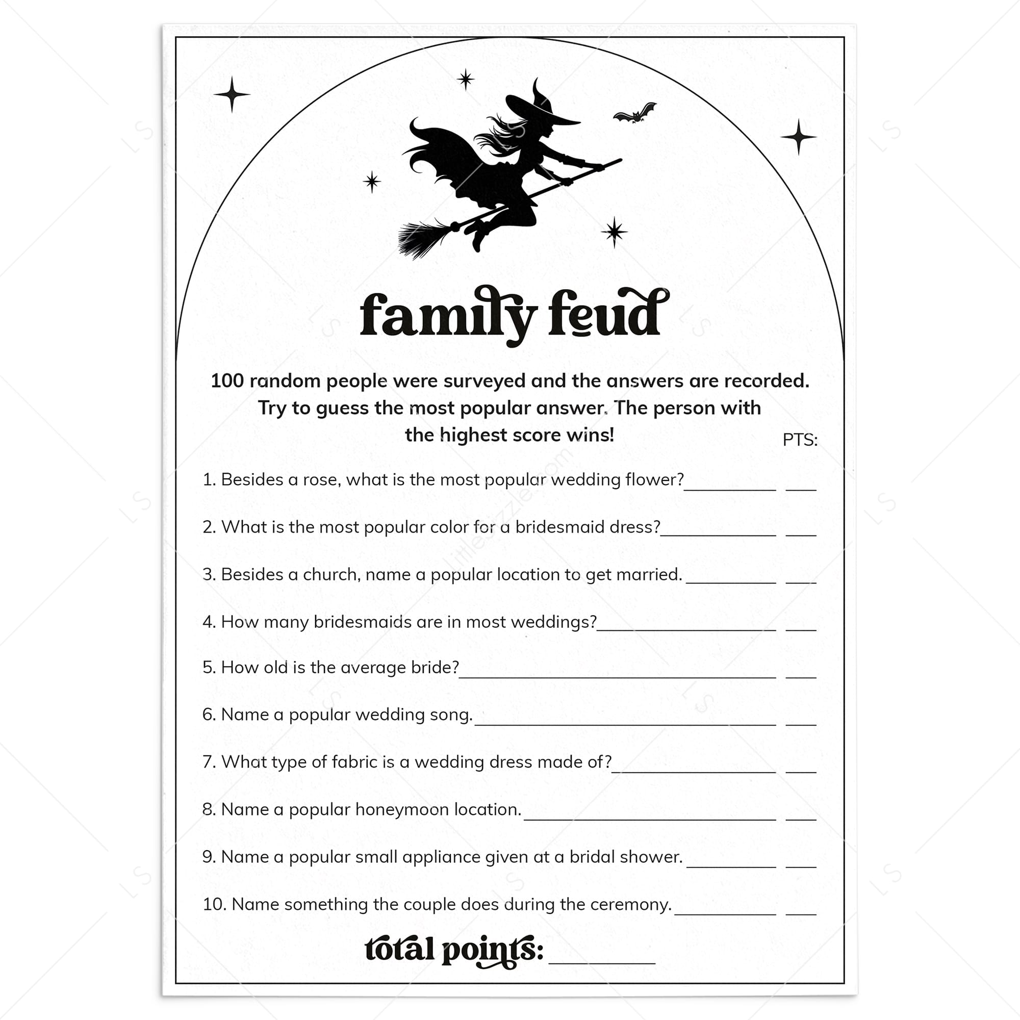 Witchy Bridal Shower Family Feud Questions and Answers Printable by LittleSizzle