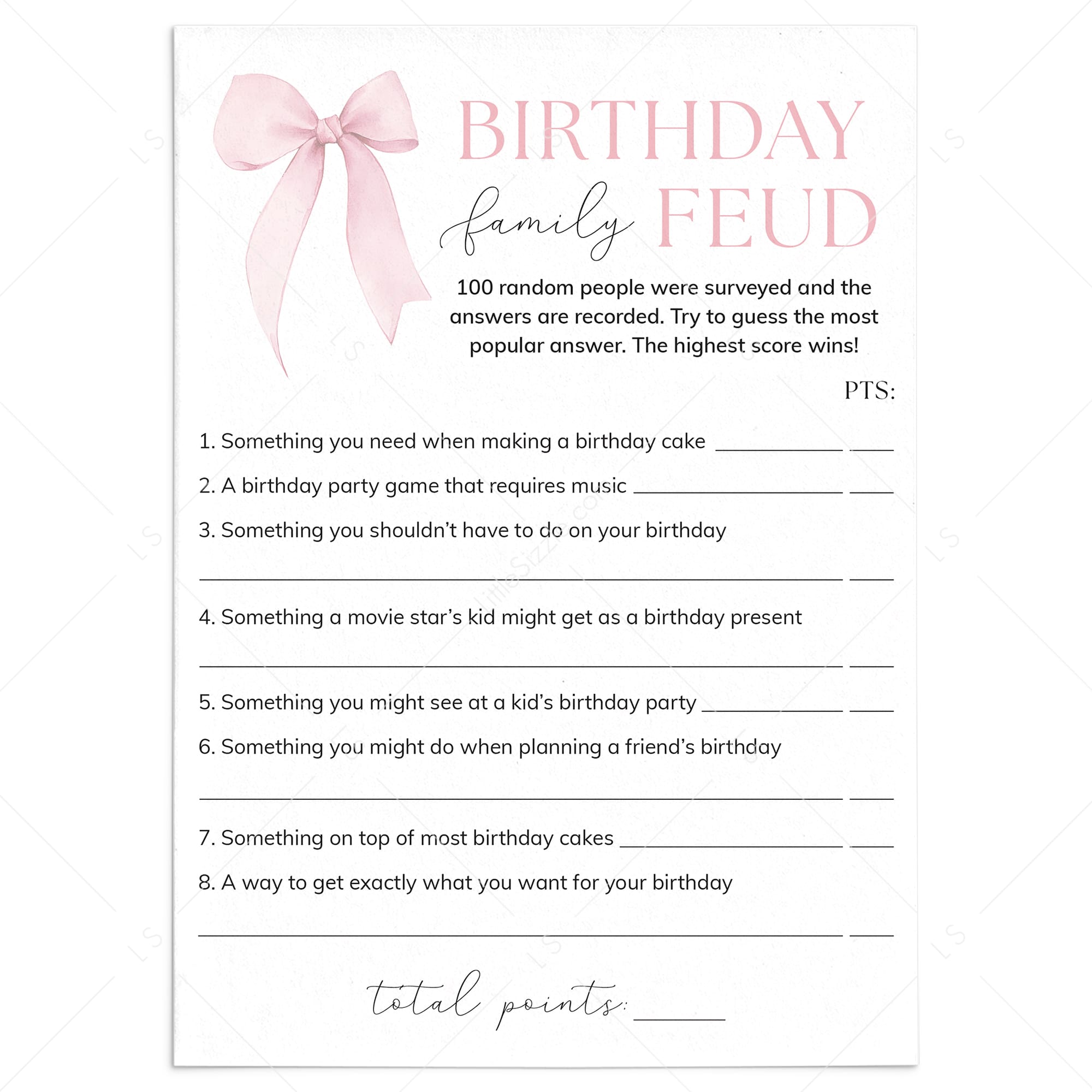 Birthday Family Feud Game Printable Coquette Birthday Game by LittleSizzle