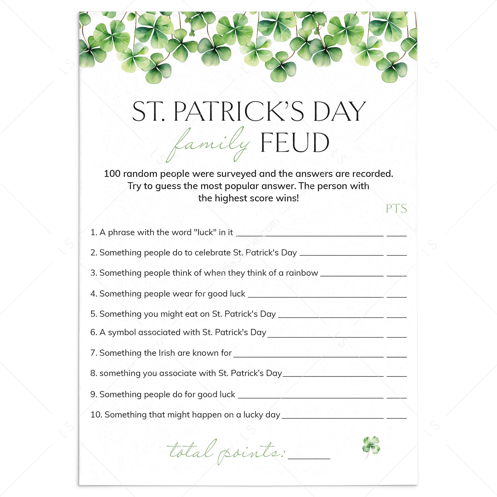 St Patricks Day Feud with Answers Printable by LittleSizzle