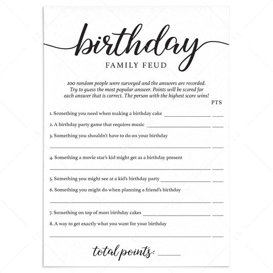 Birthday Family Feud with Answer Key Printable by LittleSizzle