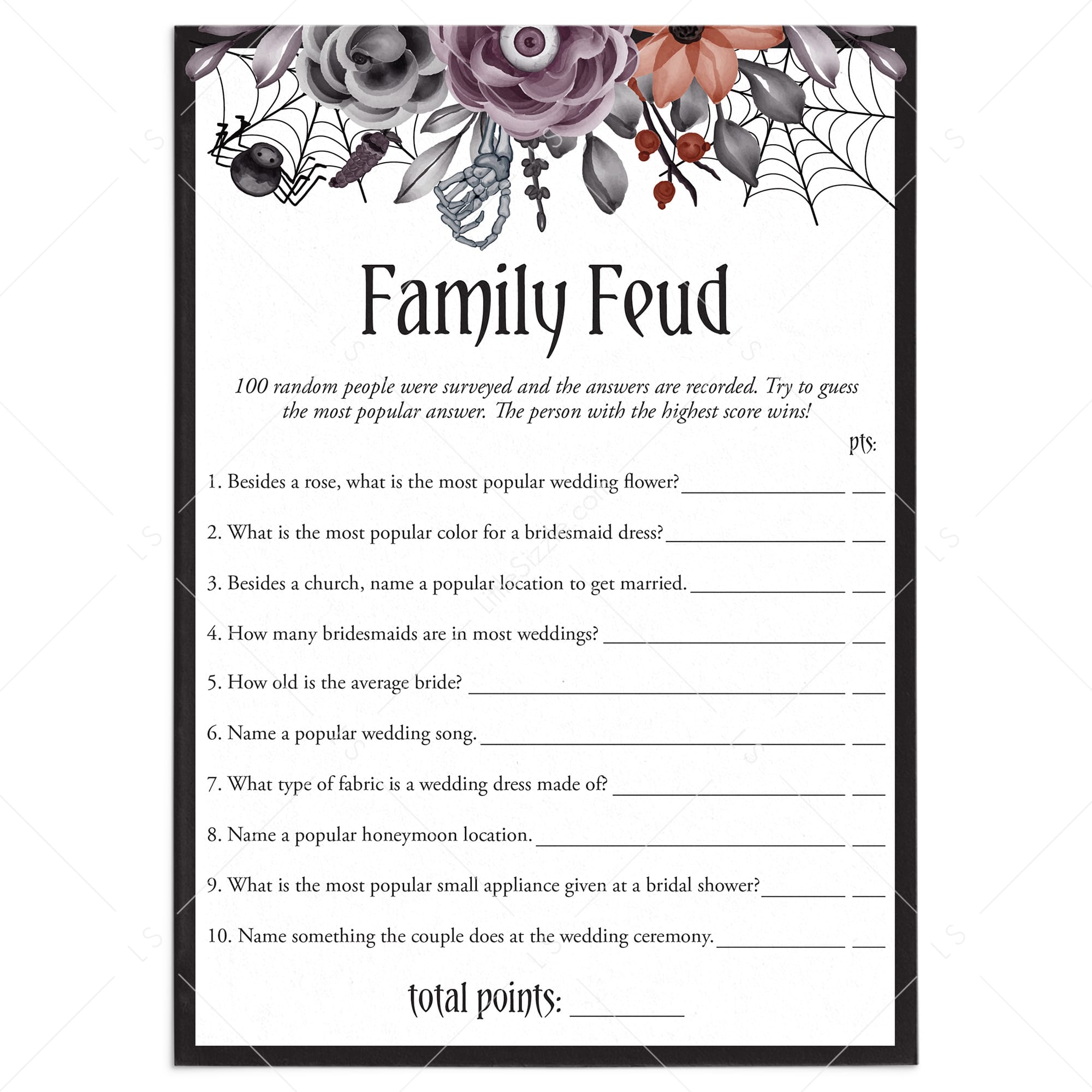 Halloween Theme Bridal Shower Family Feud Questions and Answers Printable by LittleSizzle