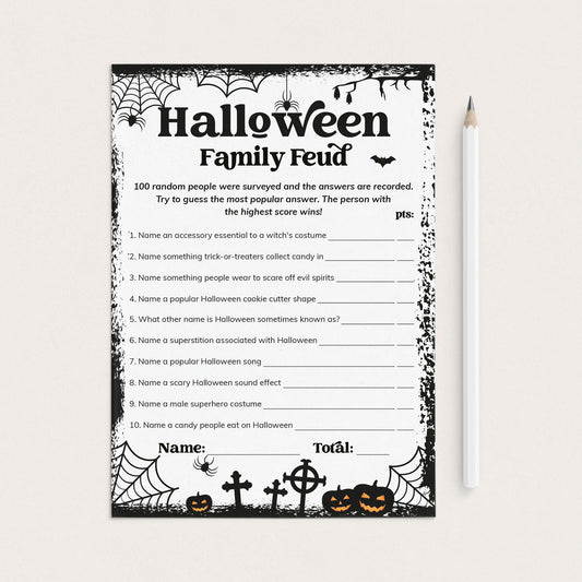 A printable Halloween Family Feud game sheet with black and white spiderweb borders, spooky illustrations, and fill-in lines, shown on a light beige background next to a white pencil.