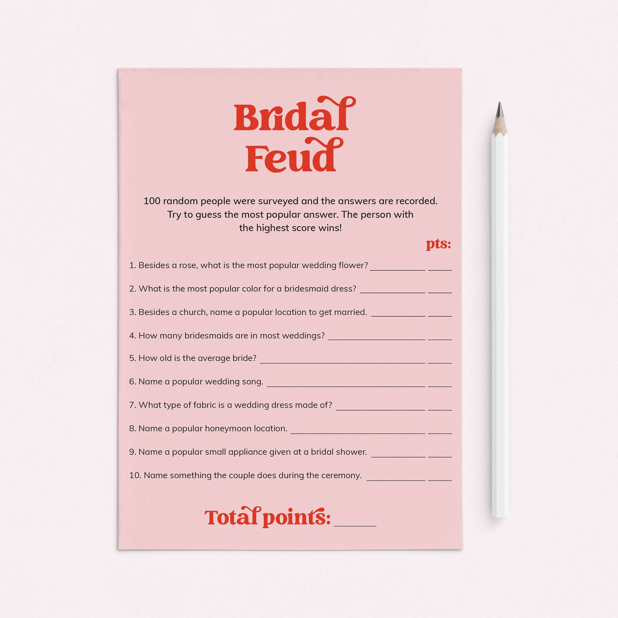 Bridal Family Feud Questions and Answers Printable Pink and Red by LittleSizzle