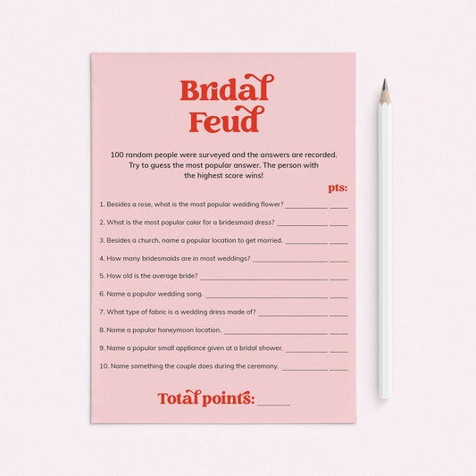 Bridal Family Feud Questions and Answers Printable Pink and Red by LittleSizzle
