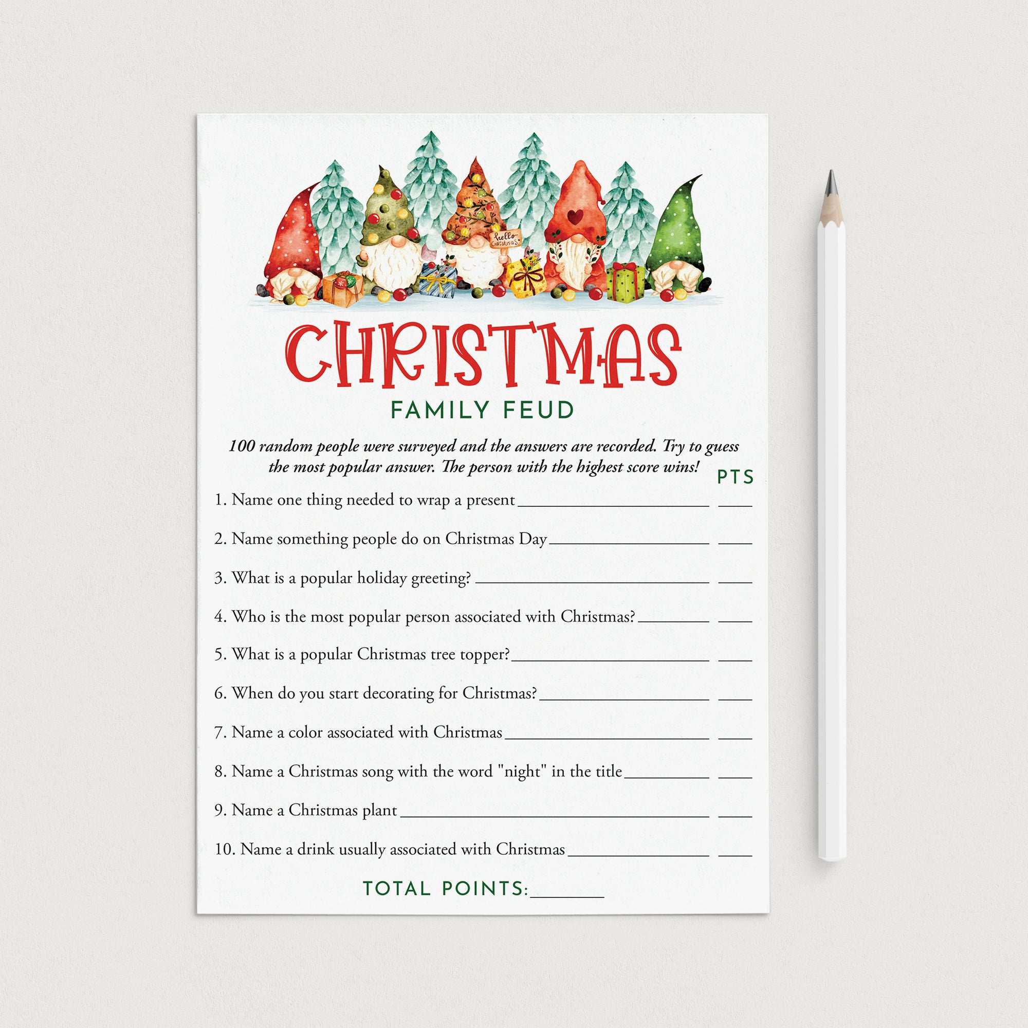Christmas Gnomes Family Feud Game Questions and Answers Printable