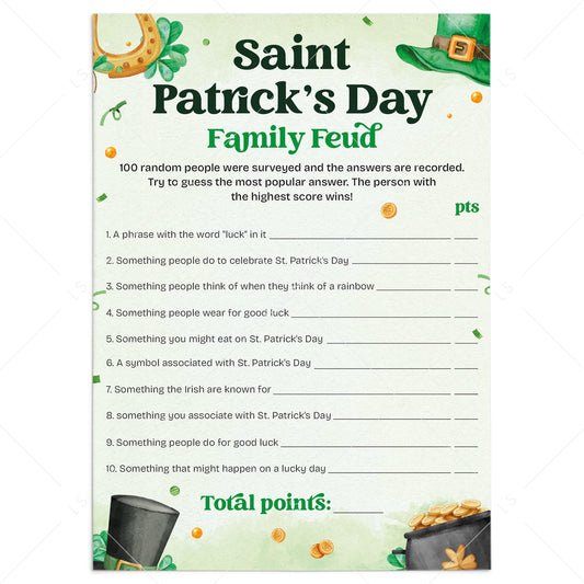 St. Patrick's Day Friendly Feud Game Questions and Answers Printable by LittleSizzle