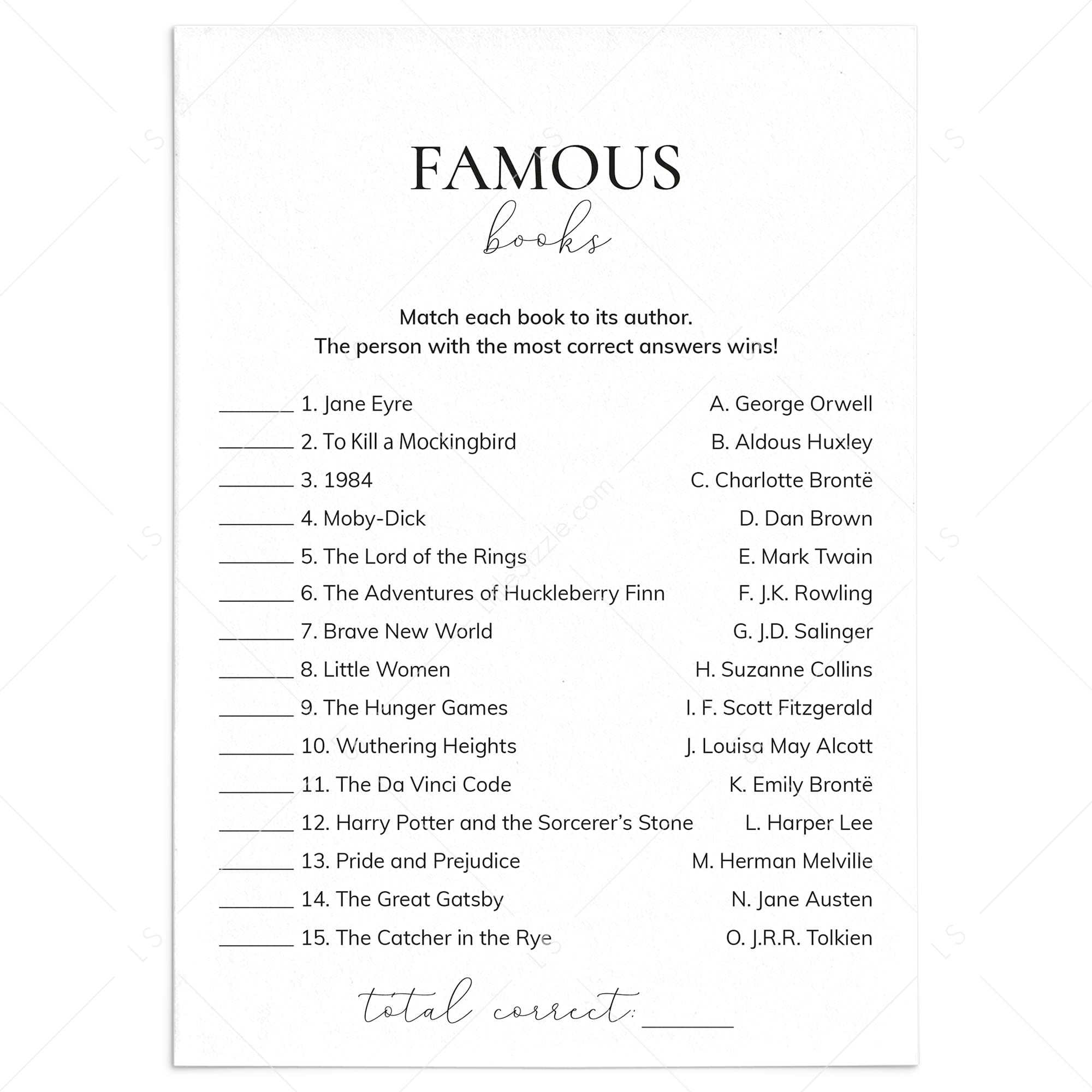 Famous Book Match Up Game with Answers Printable by LittleSizzle