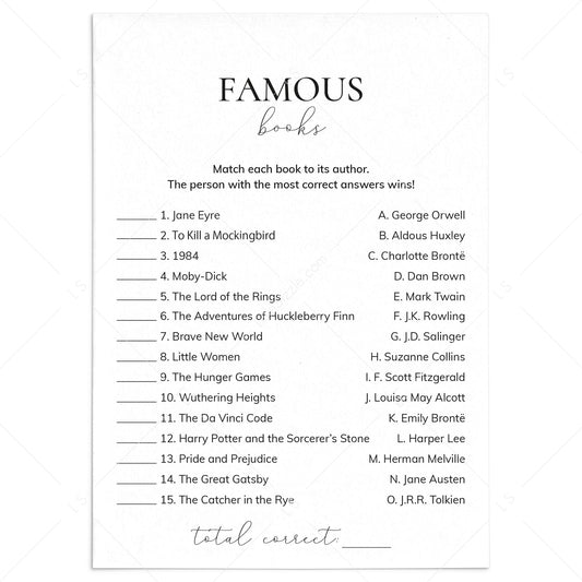 Famous Book Match Up Game with Answers Printable by LittleSizzle