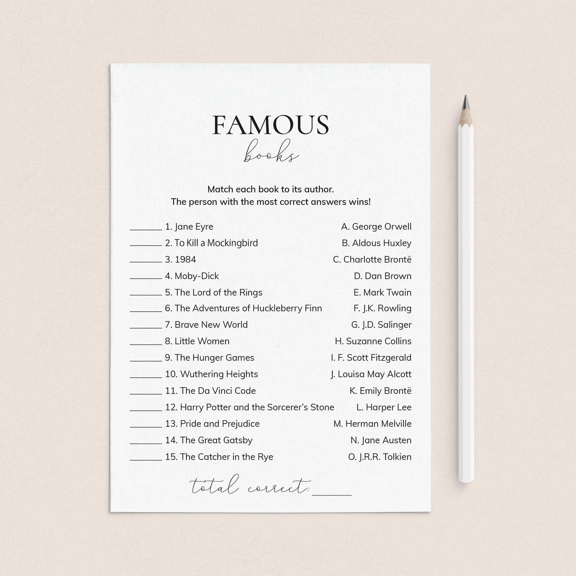 Famous Book Match Up Game with Answers Printable by LittleSizzle