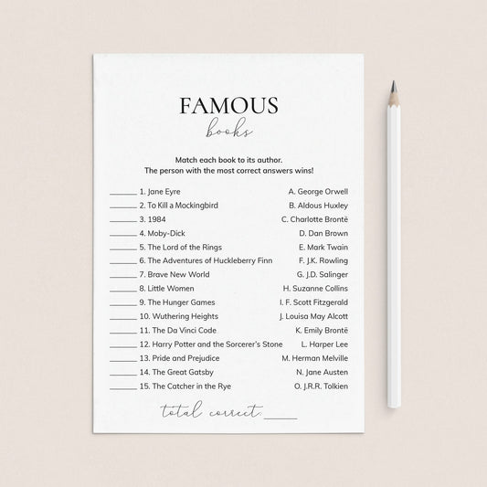 Famous Book Match Up Game with Answers Printable by LittleSizzle