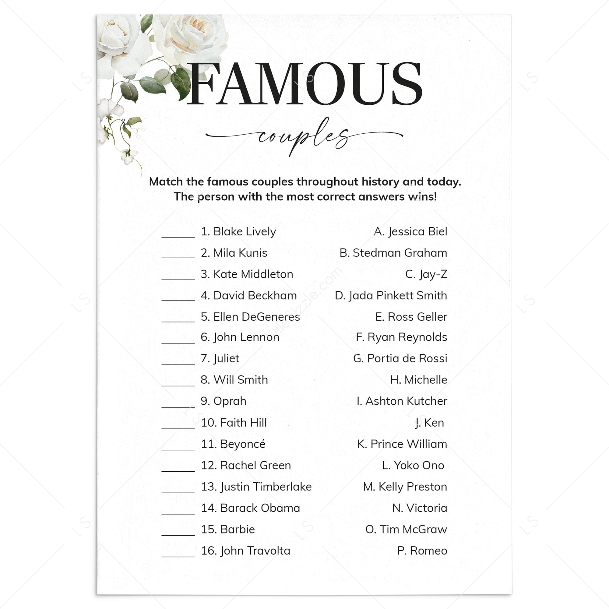 Match The Famous Couples Game with Answers Printable by LittleSizzle