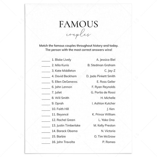 Famous Couples Match Game with Answers Printable by LittleSizzle