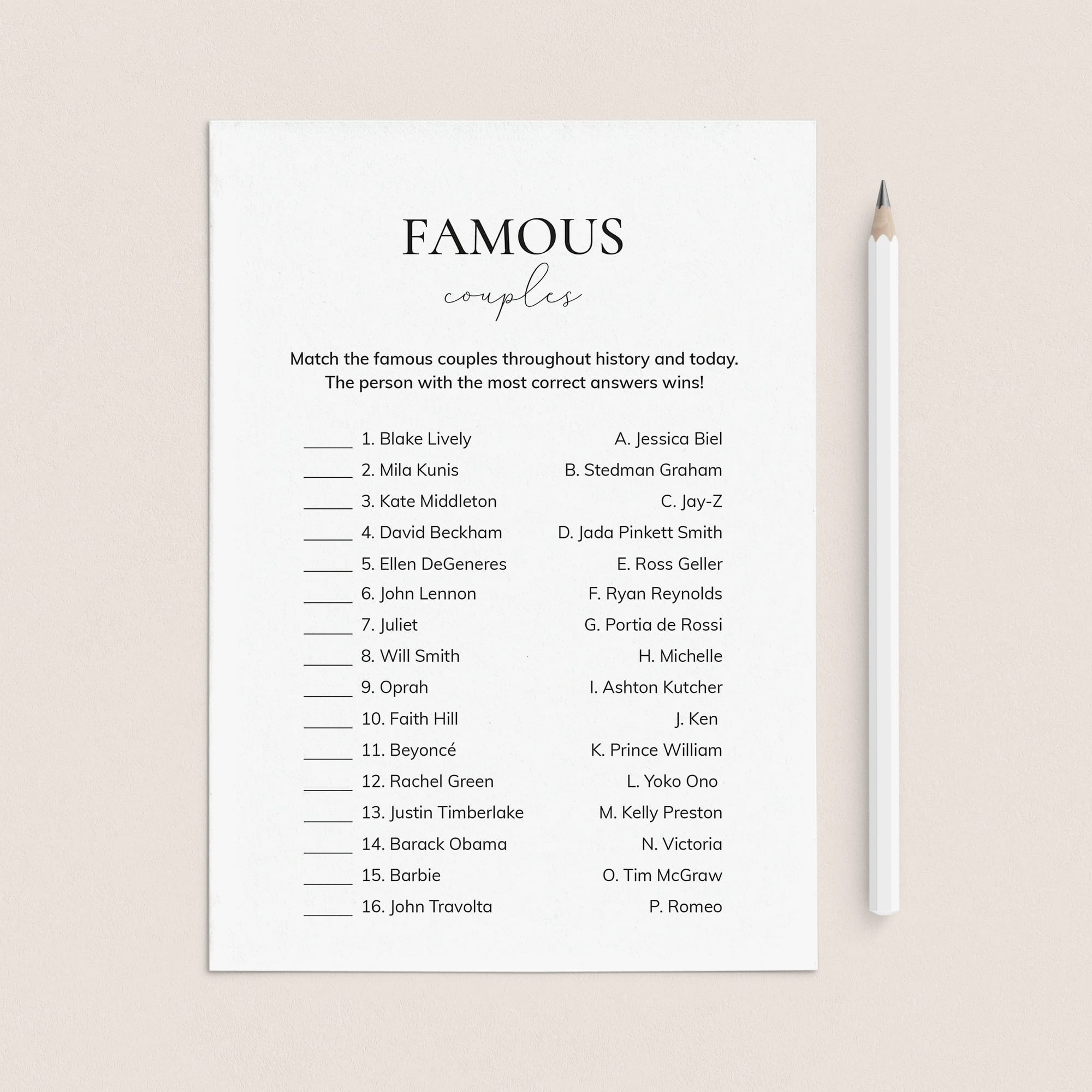Famous Couples Match Game with Answers Printable by LittleSizzle