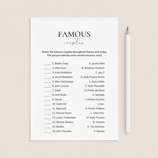 Famous Couples Match Game with Answers Printable by LittleSizzle