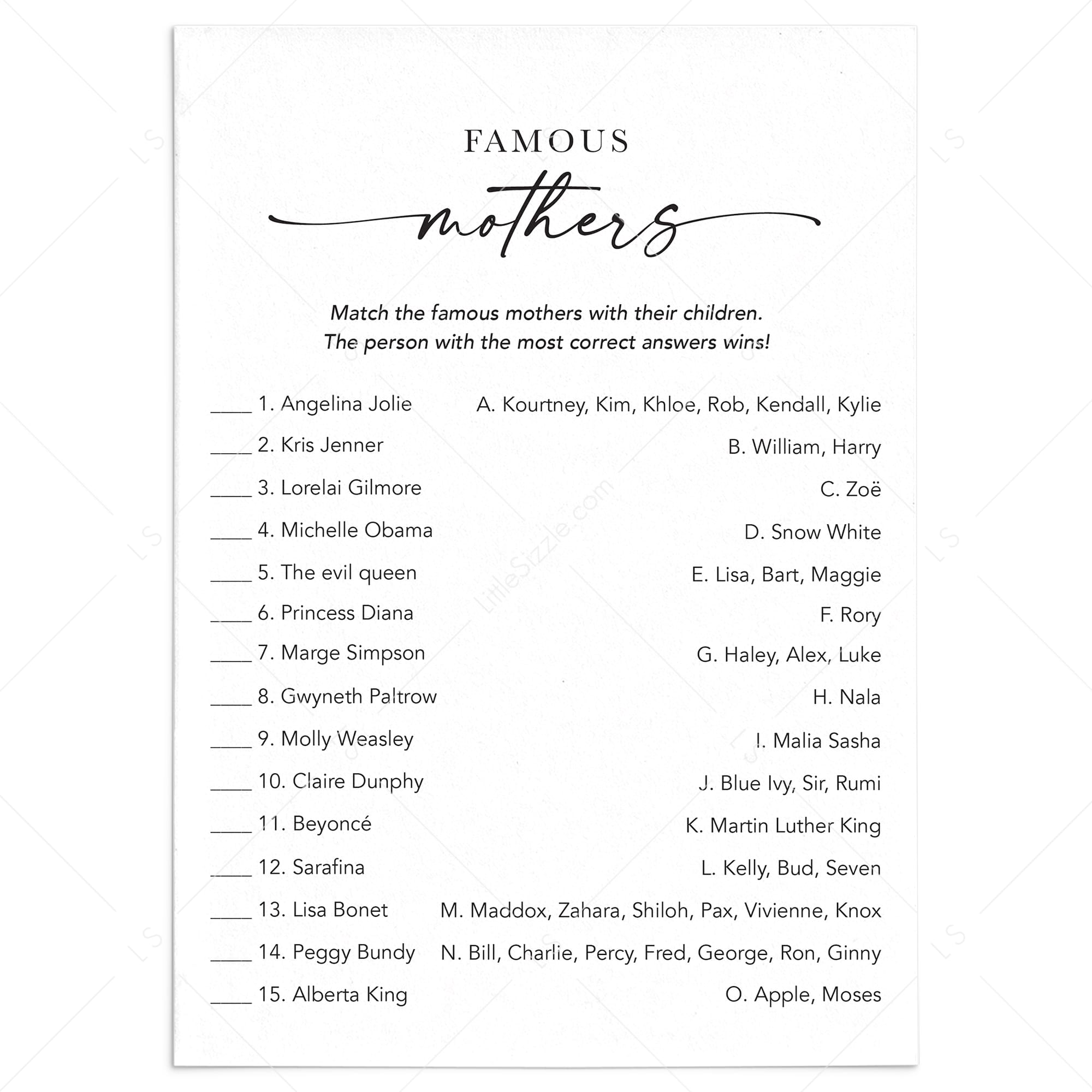 Printable Famous Mothers Game with Answers by LittleSizzle