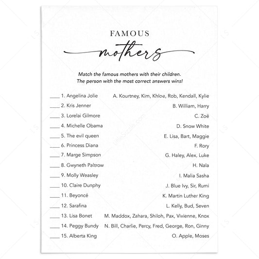 Printable Famous Mothers Game with Answers by LittleSizzle