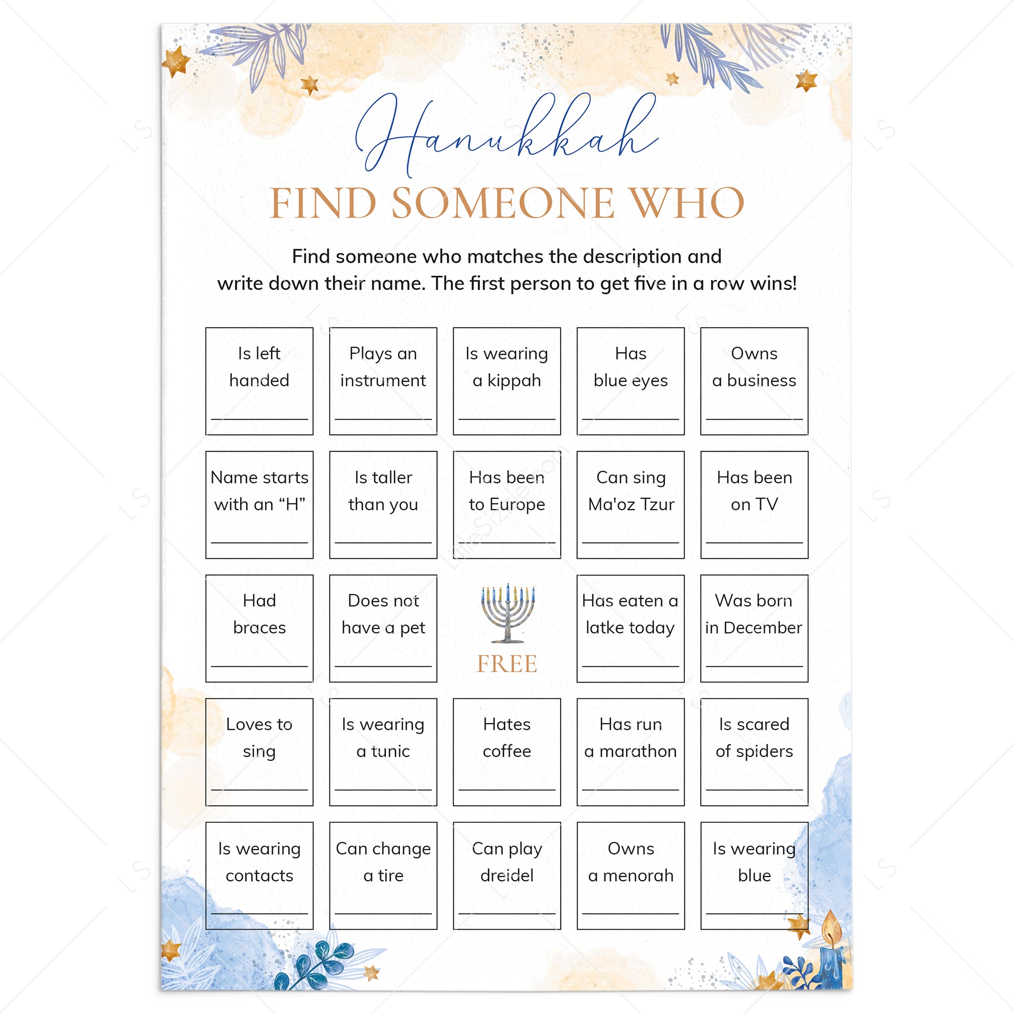 Hanukkah Find Someone Who Bingo | Find The Guest Icebreaker Game Printable by LittleSizzle