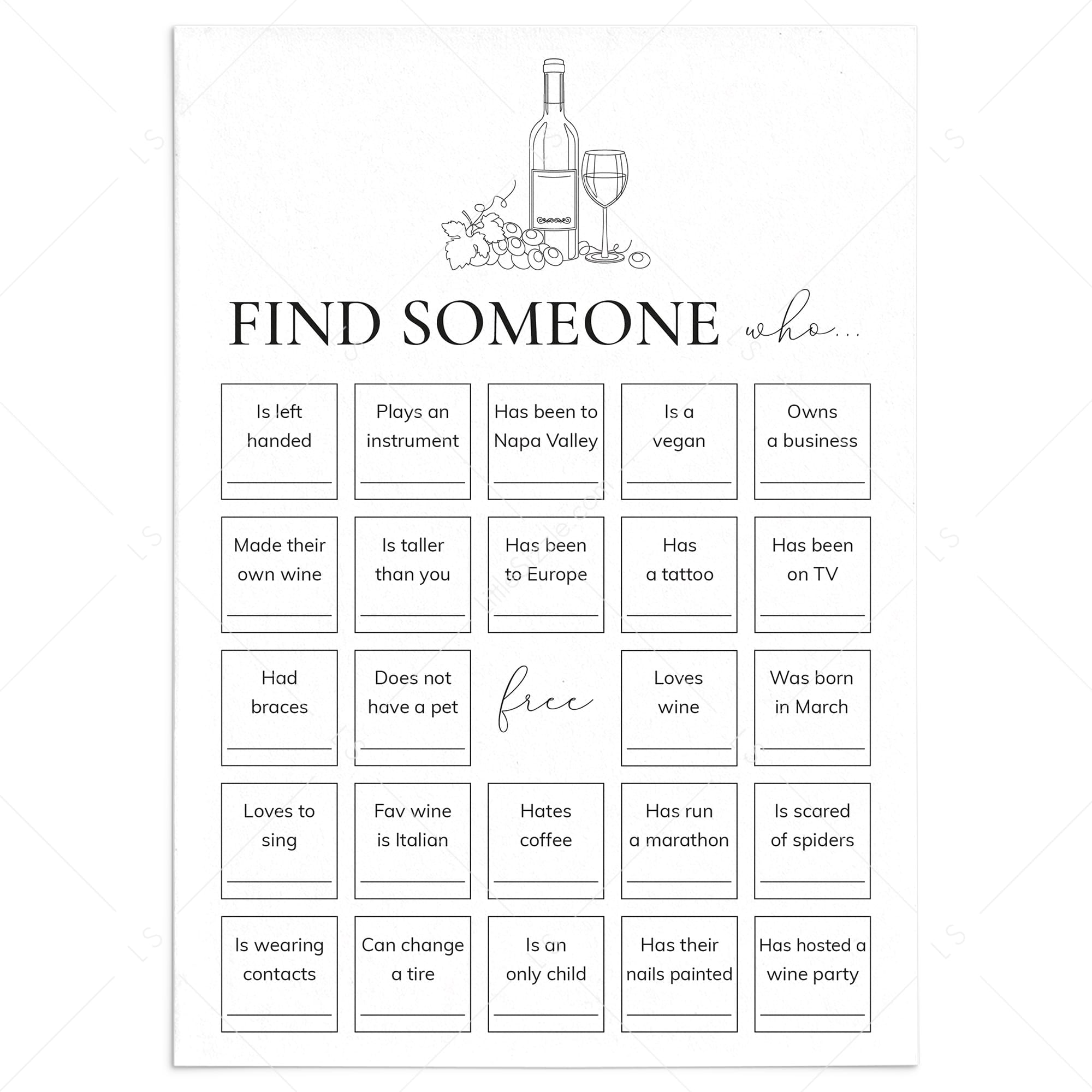 Wine Party Find The Guest Bingo Printable by LittleSizzle