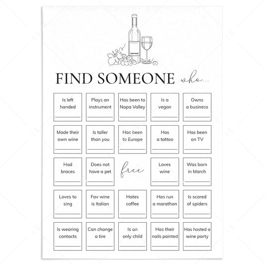 Wine Party Find The Guest Bingo Printable by LittleSizzle