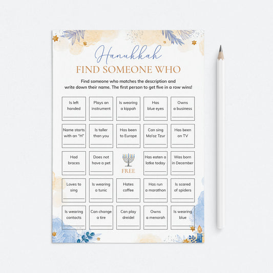 Hanukkah Find Someone Who Bingo | Find The Guest Icebreaker Game Printable