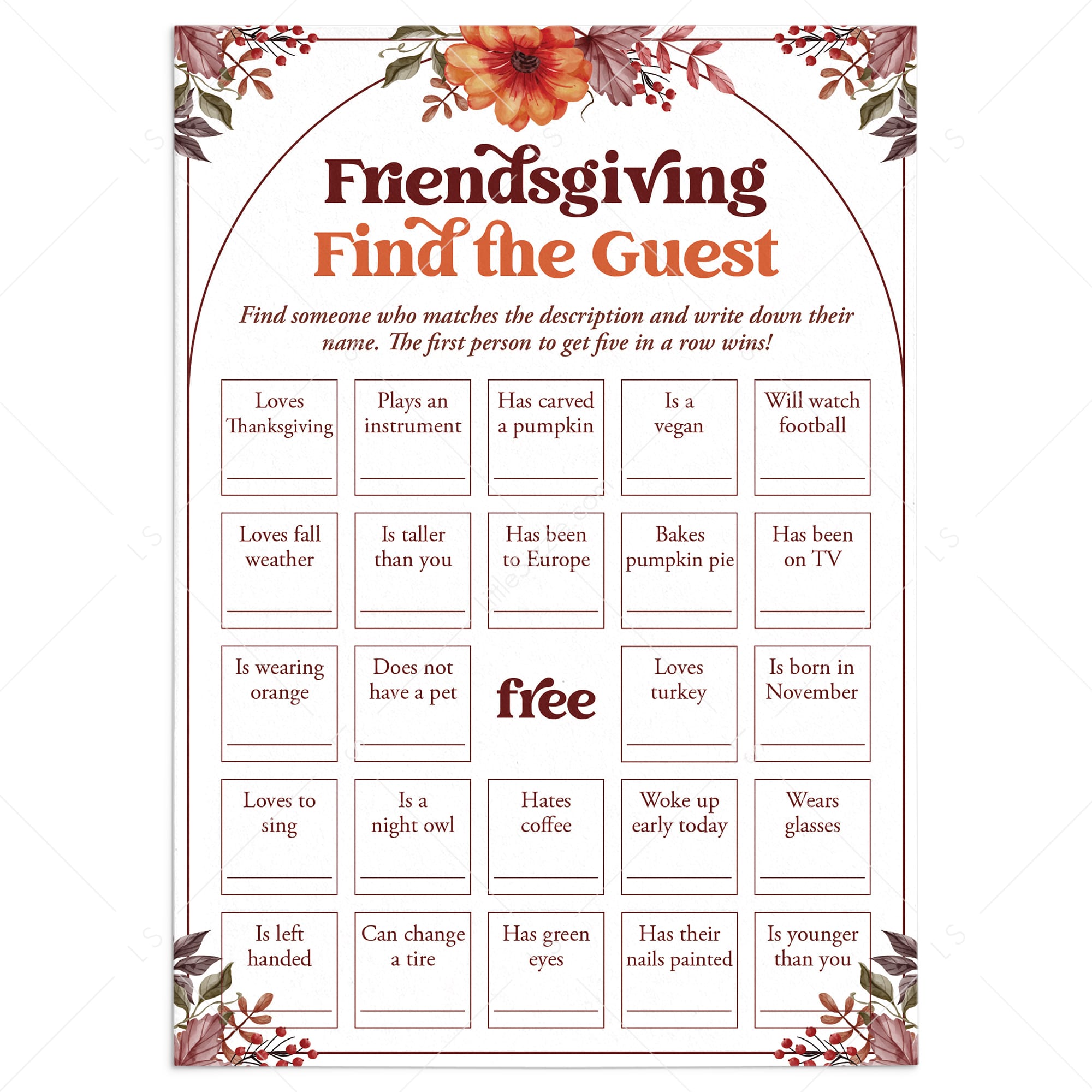 Friendsgiving Find The Guest Bingo Printable Icebreaker by LittleSizzle