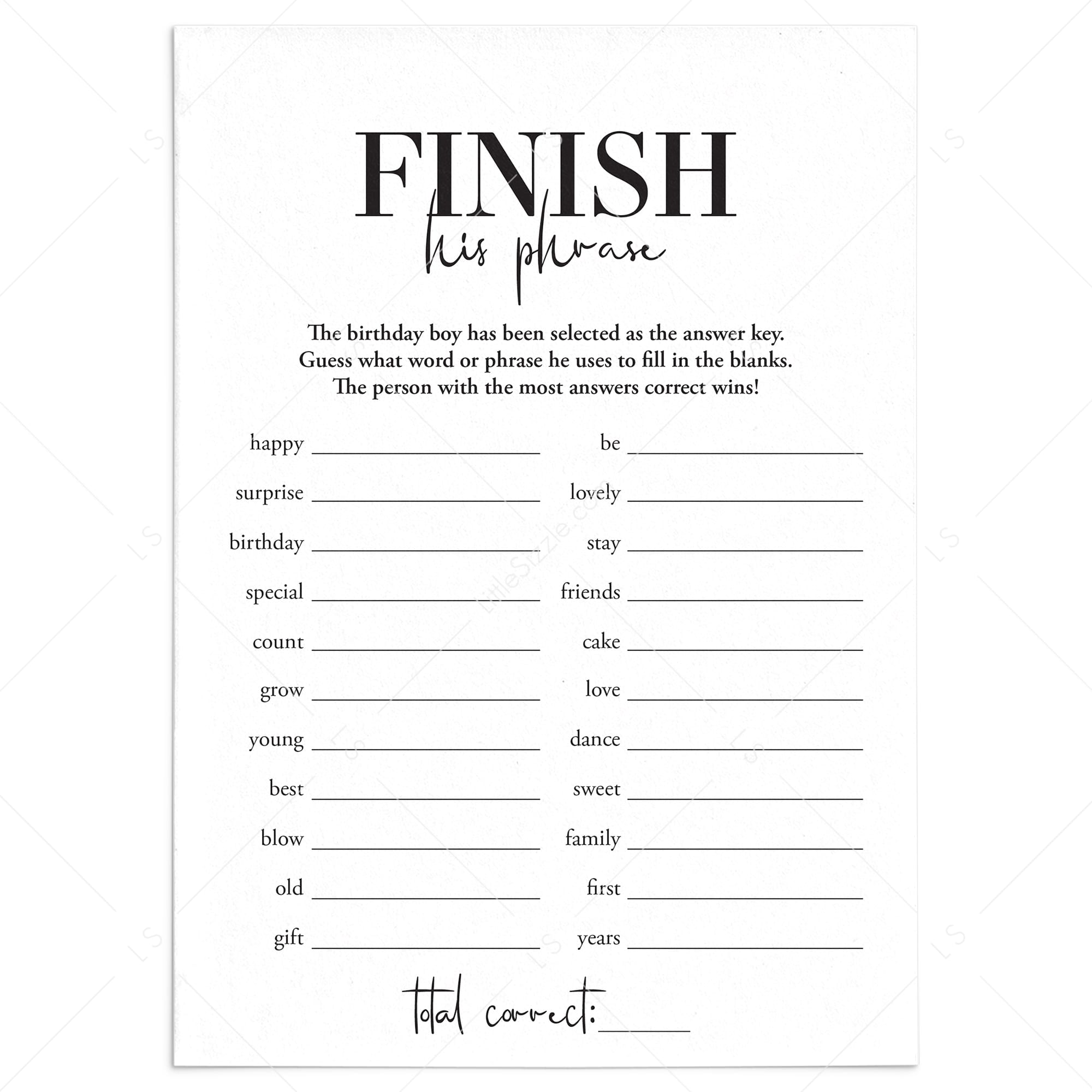 Finish His Phrase Mens Birthday Party Game Printable by LittleSizzle