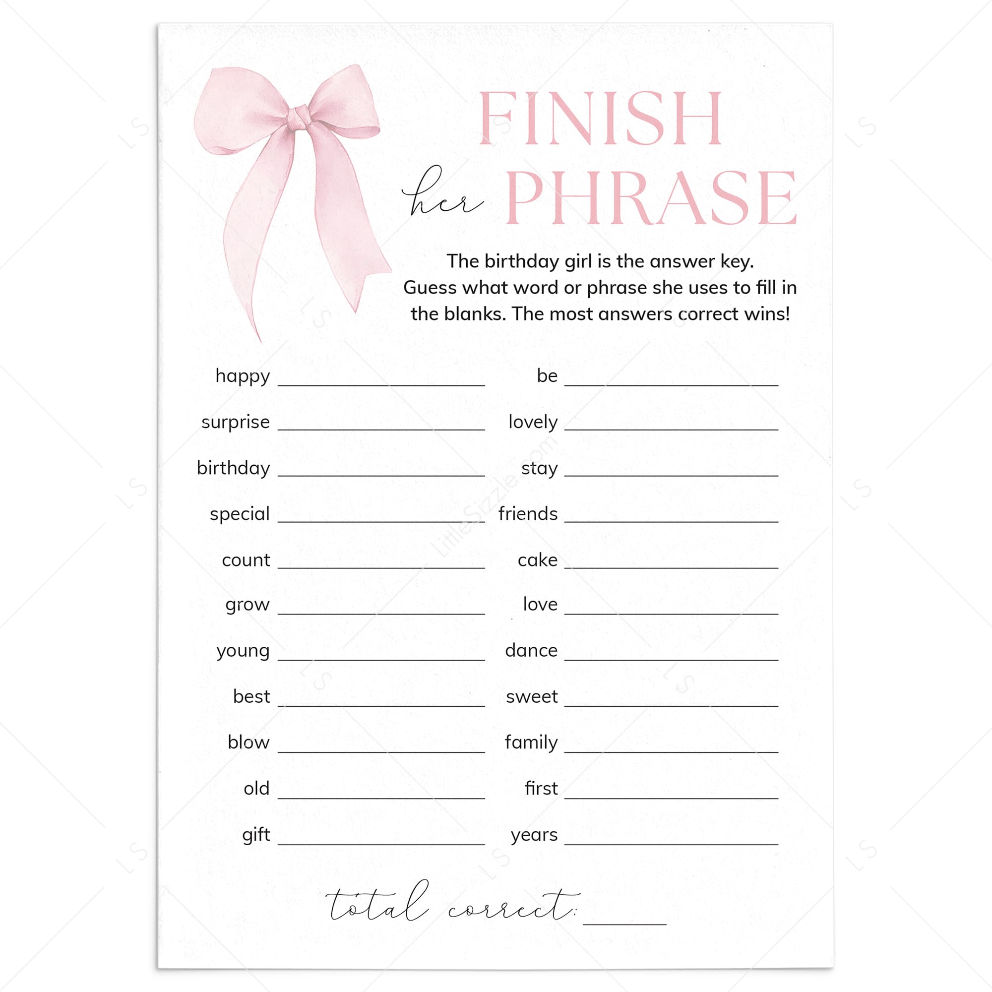 Pink Bow Birthday Party Game Finish Her Phrase Printable by LittleSizzle