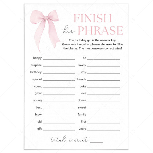 Pink Bow Birthday Party Game Finish Her Phrase Printable by LittleSizzle