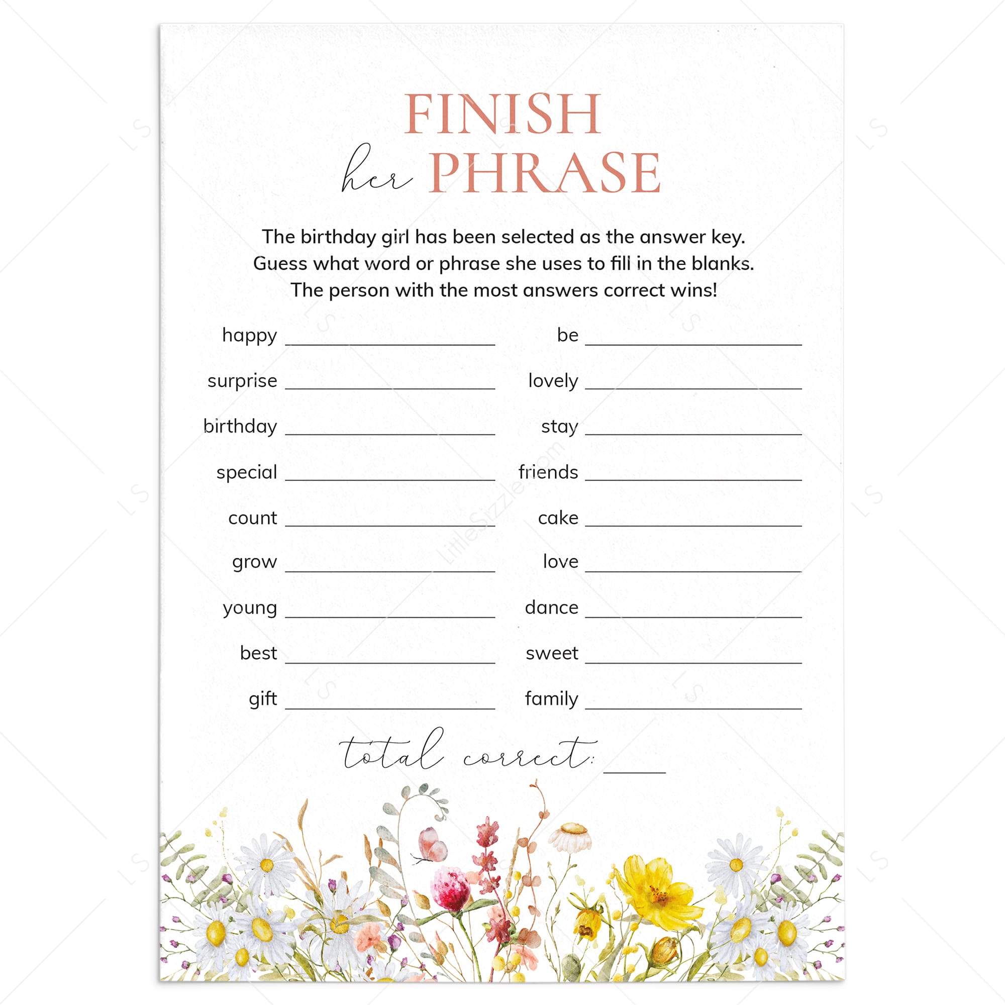Birthday Party Ice Breaker Game Finish Her Phrase Printable by LittleSizzle