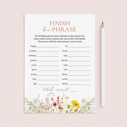 Birthday Party Ice Breaker Game Finish Her Phrase Printable by LittleSizzle