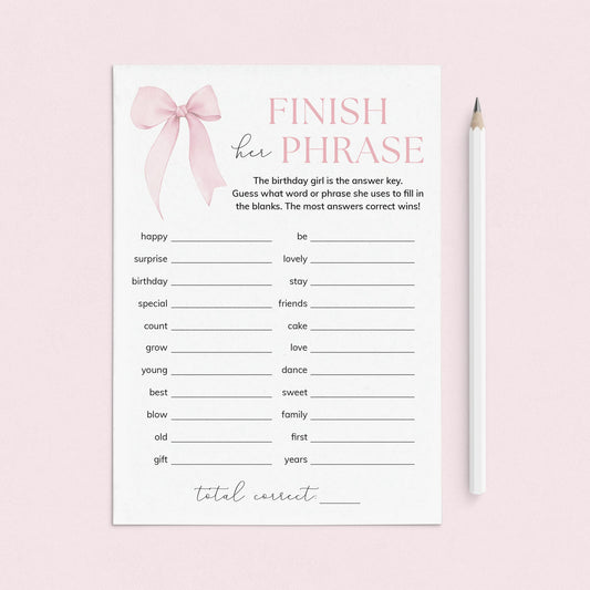 Pink Bow Birthday Party Game Finish Her Phrase Printable by LittleSizzle