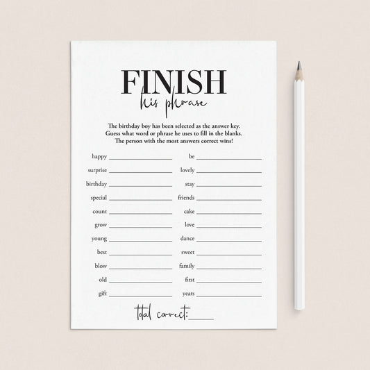 Finish His Phrase Mens Birthday Party Game Printable by LittleSizzle