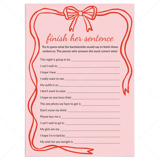Bachelorette Finish Her Sentence Game Pink Coquette Bow Theme by LittleSizzle