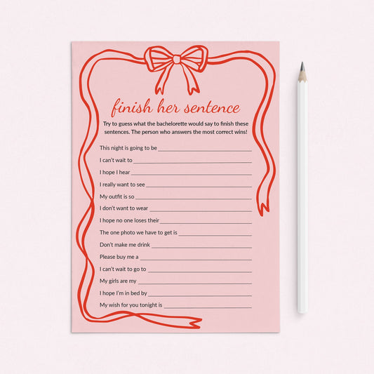 Bachelorette Finish Her Sentence Game Pink Coquette Bow Theme by LittleSizzle