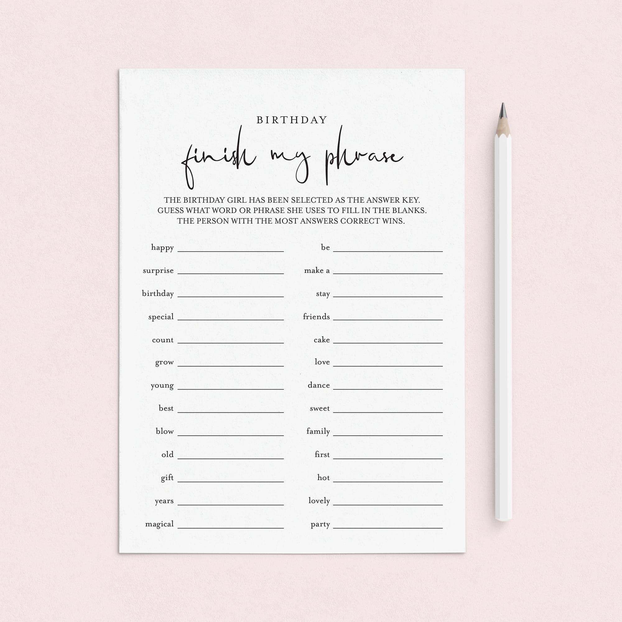 Girl Birthday Game for Groups Finish My Phrase Printable by LittleSizzle