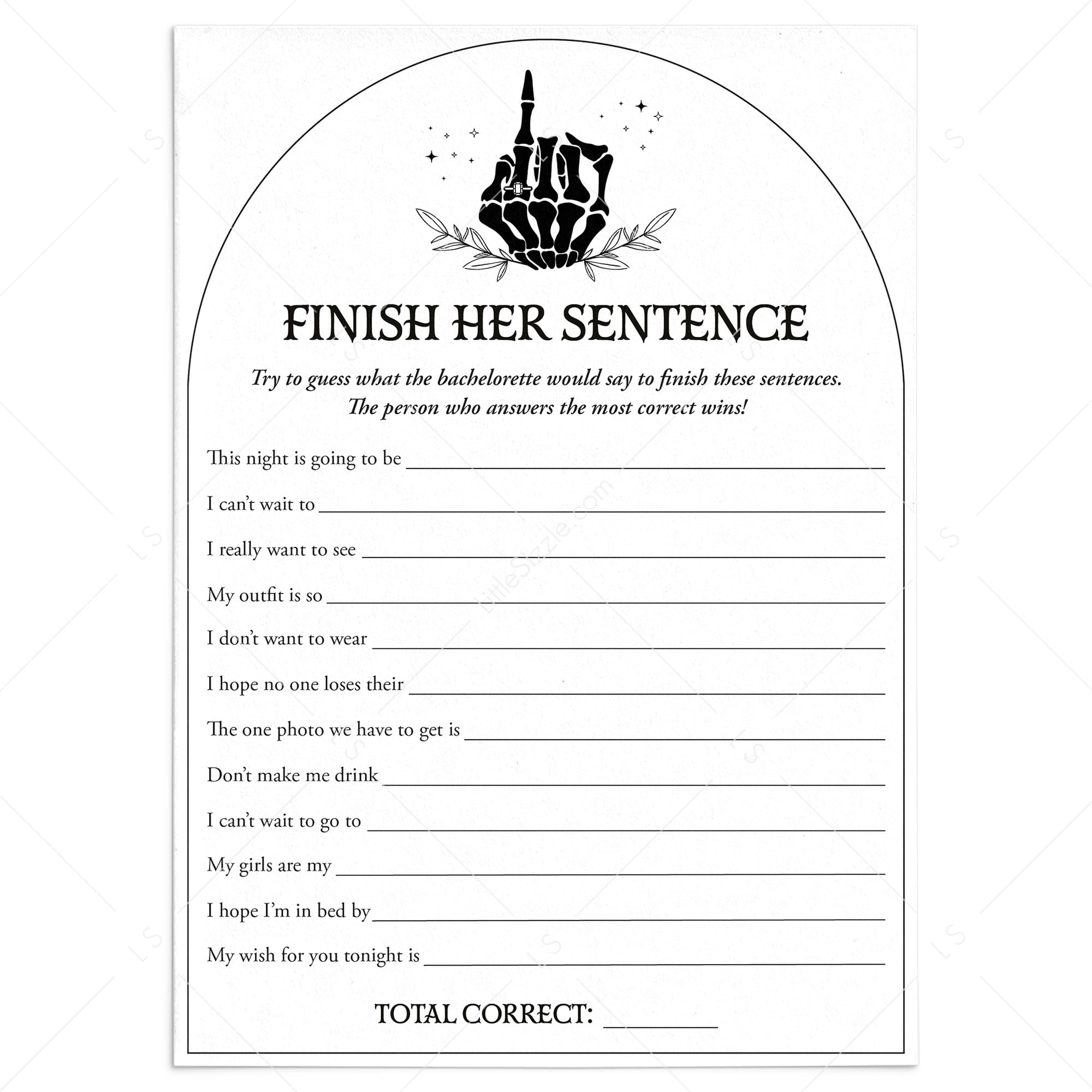 Finish The Bachelorette's Sentence Game Printable Bride or Die Theme by LittleSizzle