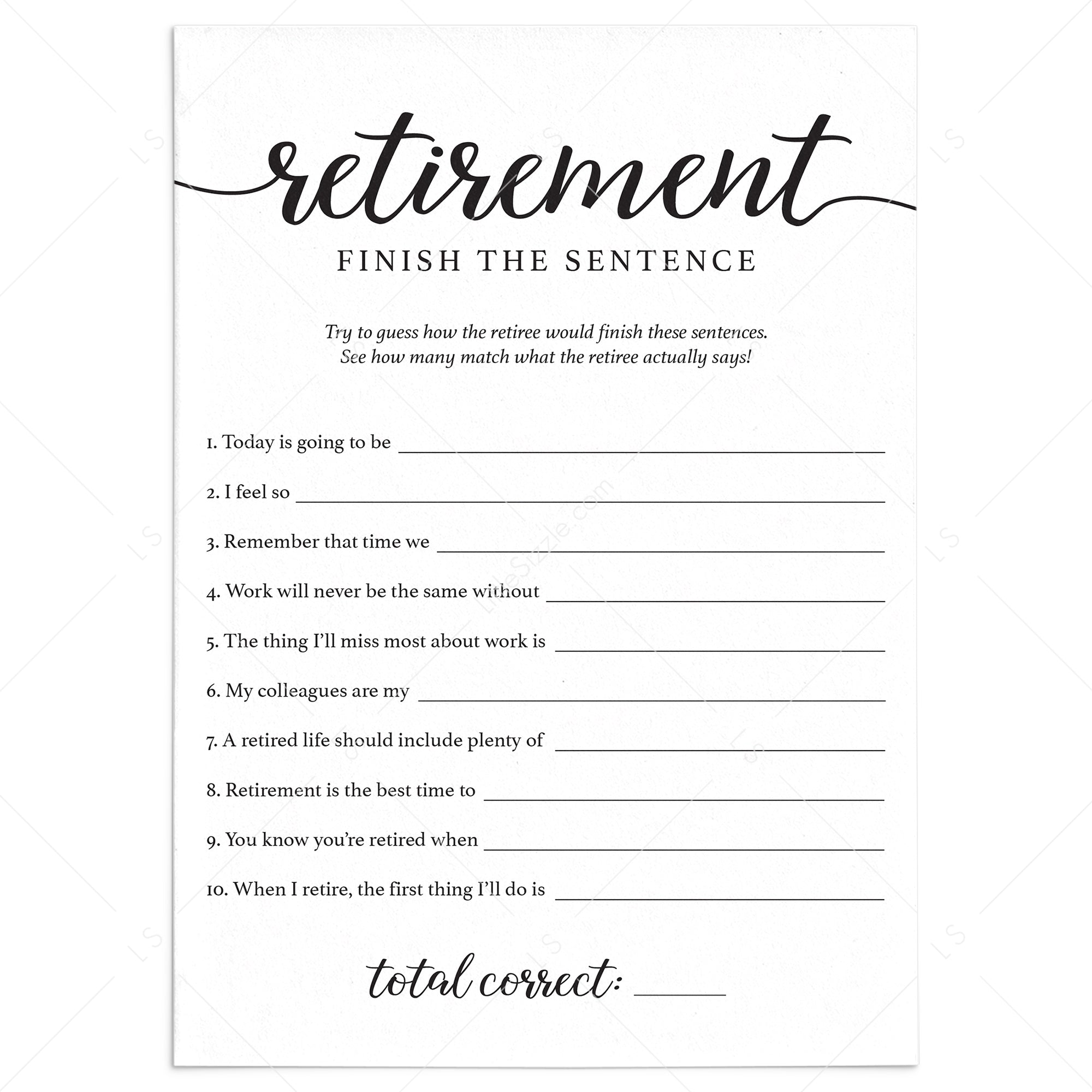 Retirement Party Icebreaker Game Finish The Sentence Printable by LittleSizzle