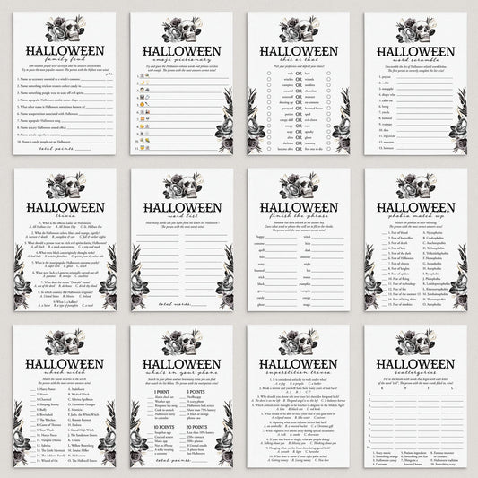 Gothic Black Halloween Party Games with Floral Skull Printable by LittleSizzle