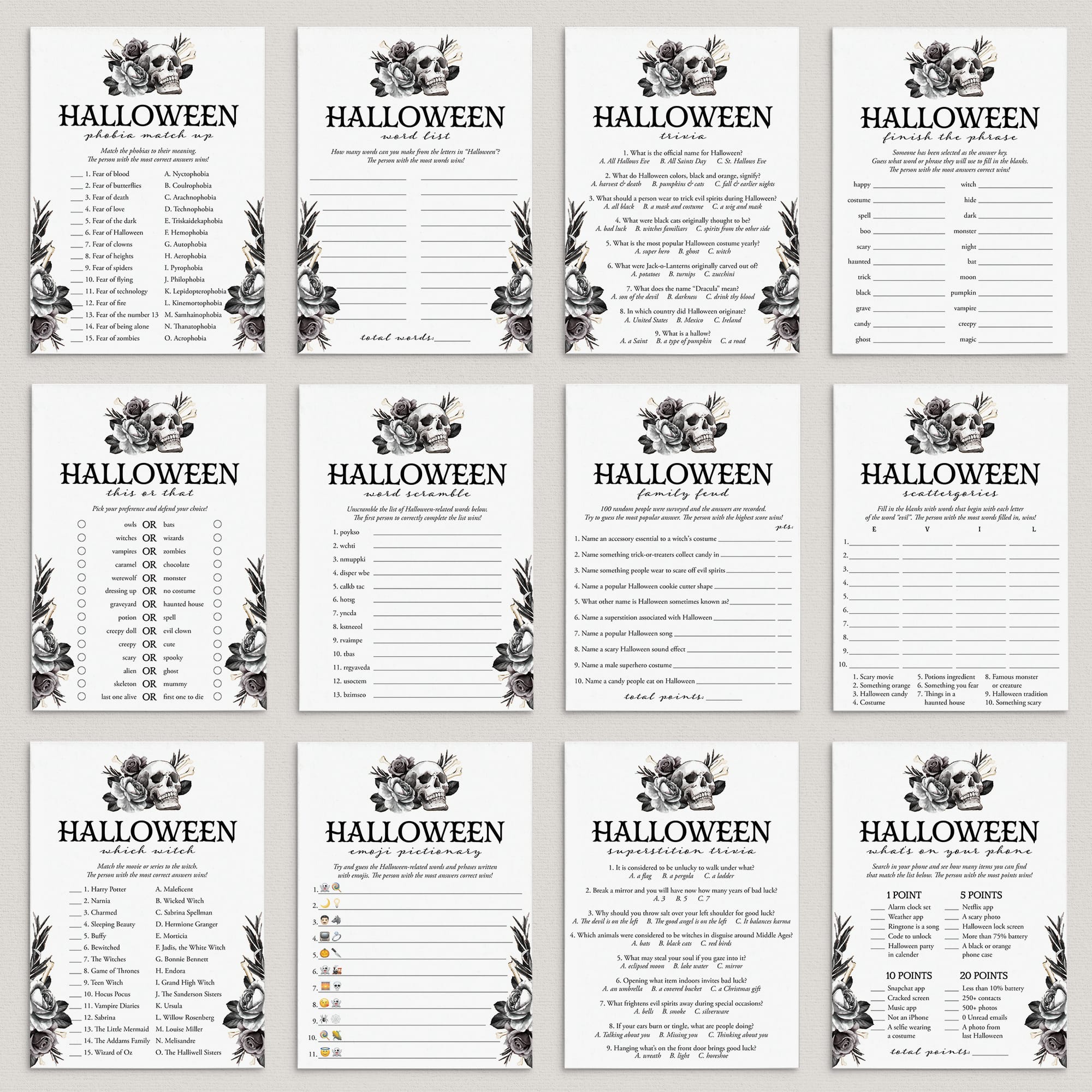 Gothic Black Halloween Party Games with Floral Skull Printable by LittleSizzle